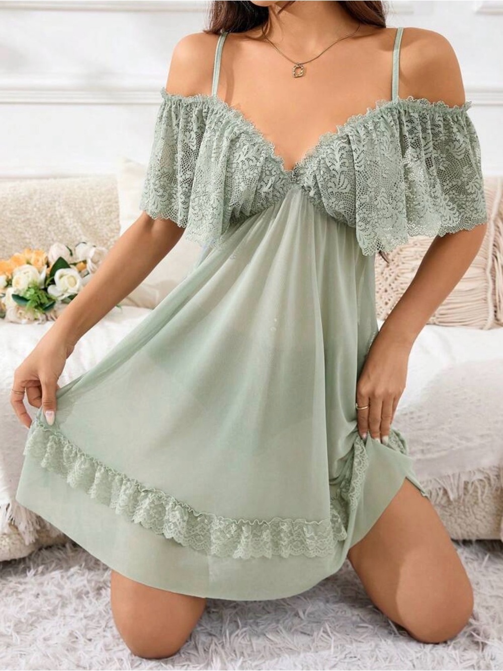 SHEIN Sage Green Off-Shoulder Lace-Trim Chemise
